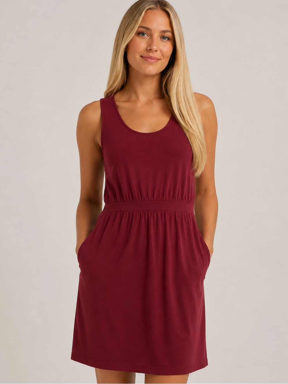 BETABRAND Dark Red Sleeveless Dress with Pockets.